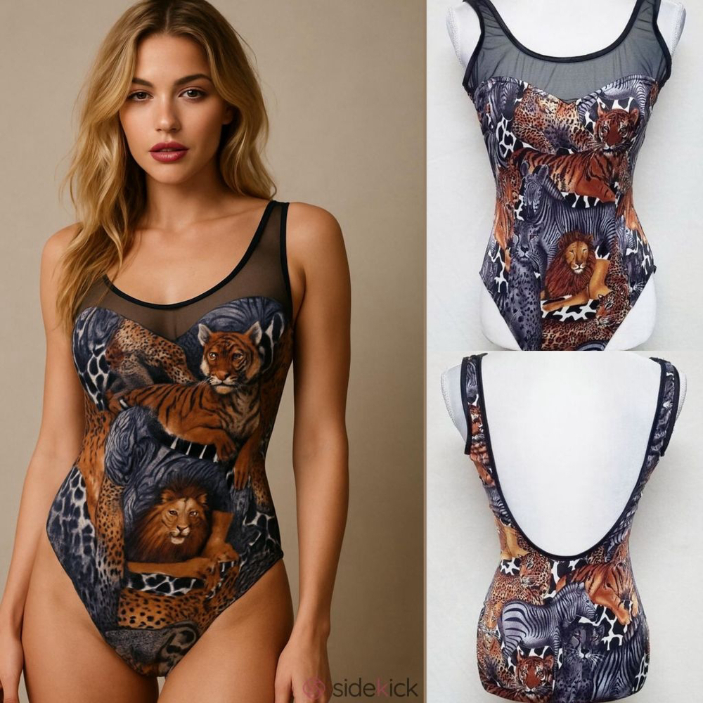 Jungle Safari Rare Vintage 80s Maillot Swimsuit, Backless, Sheer Mesh, Bodysuit